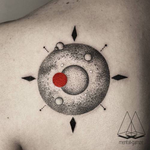 Tattoo tagged with: astronomy, mentatgamze, dotwork, black, solar system,  red, compass, travel, shoulder blade, tatuaje, tatuajes, medium size,  geometric 