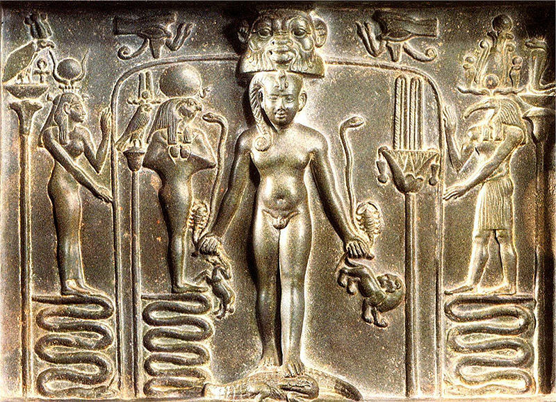tobacco-and-leather:
“ Isis & Thoth (far left and right) aid Horus on the famous Metternich Stele
”