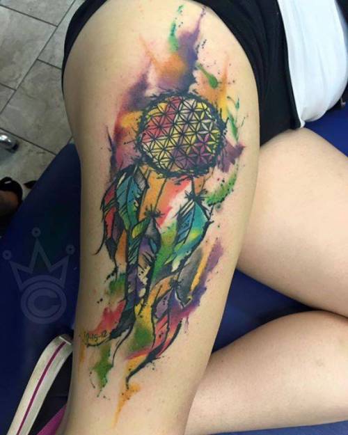 Tattoo tagged with: yeyomondragontattoos, tatuaje, multicolor, dreamcatcher,  tatuajes, big, watercolor, native american, thigh 