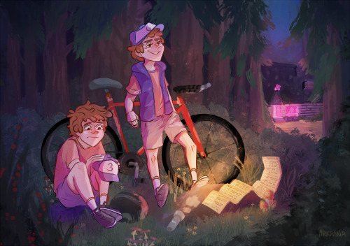 arkaena:
“ This is a piece for Gravity Falls Fanzine I did back in July, and I just remembered that I have’t posted this here yet. As for the context, after Dipper 3 and Dipper 4 stole Robbie’s bike they didn’t really have a plan on what to do...