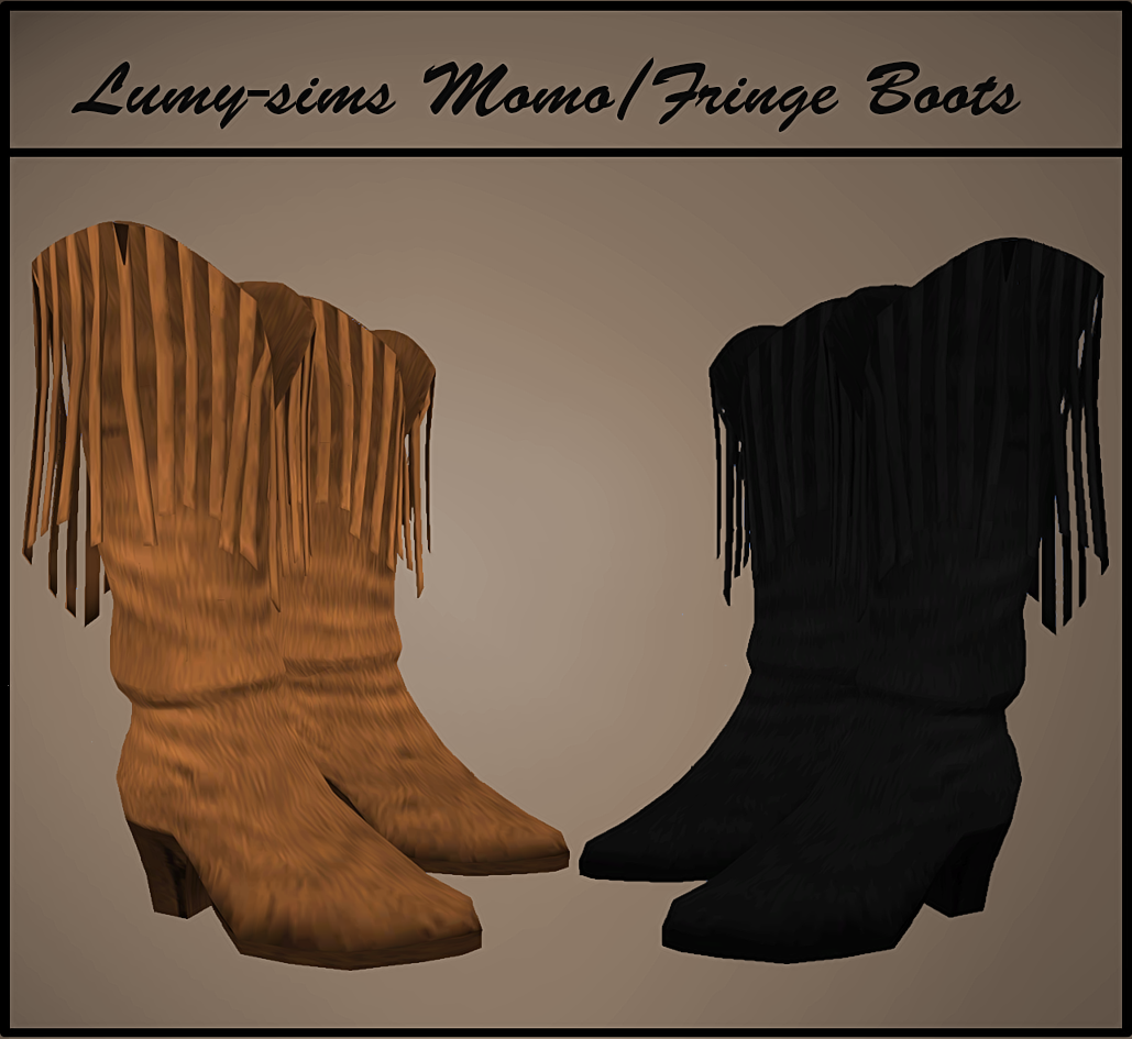 • Fringe Boots• For female• Works with sliders• Custom Catalog Thumbnail• Credits: Momo-sims/Original - SL• DOWNLOAD