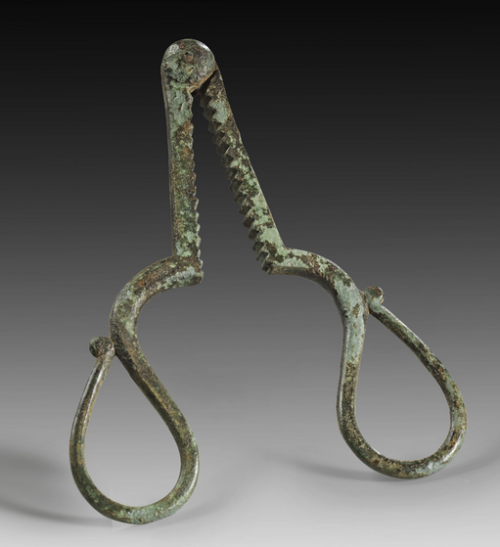 archaicwonder:
“  Roman Bronze Castration Tongs, 1st-4th Century AD
Two arms hinged and closed by a screw nut form an oval-like ring, accompanied by the serrated teeth of two longer arms. The penis was kept out of harm’s way by insertion through the...
