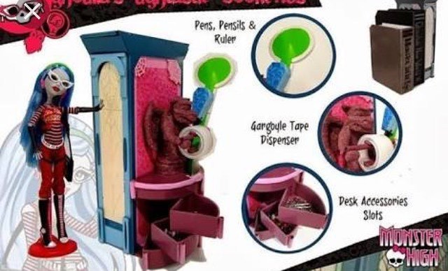 listie:
“ Rejected concepts/prototypes for dual purpose school playset/bookends and bed/clock for Ghoulia.
I liked Frankie’s mirror/bed, Draculaura’s coffin bed/jewellery box, and Lagoona’s Hydration Station/night light, so it’s a pity Ghoulia’s got...