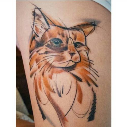 Tattoo tagged with: sketch work, brown, black, big, animal, green, thigh,  uncle arlo, tatuaje, tatuajes, orange, cat 