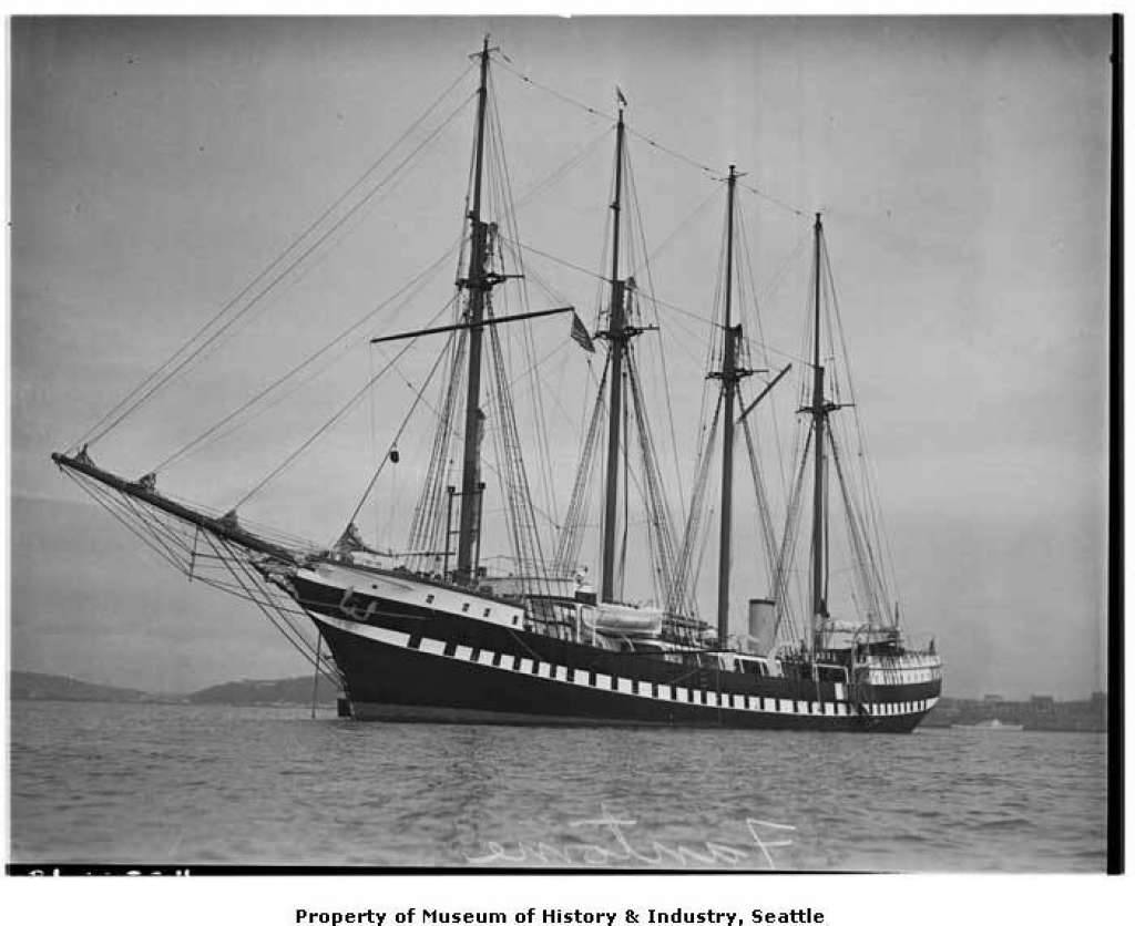 historicwharf:
“ “British brewery owner A.E. Guinness brought his schooner ”Fantome“ to Seattle in 1939. The 257-foot vessel was the world’s largest private yacht, and its four masts barely made it under the Aurora Bridge on the way to Lake Union....