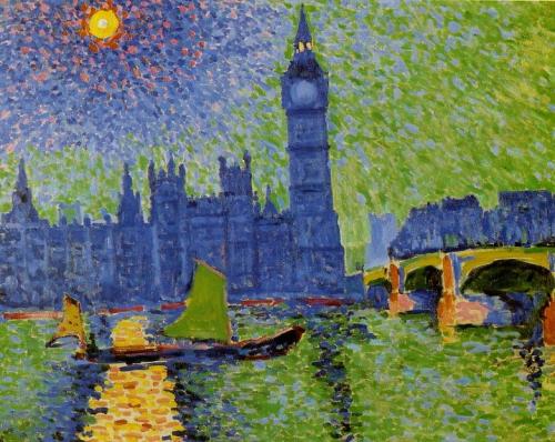 Ressam  : Andre Derain (1880-1954)
Resim  : Big Ben, London (1906)
Nerede  : Musee D'art Moderne, Paris, Fransa
Boyutu : 79 cm x 86 cm
Andre Derain'nın nefes kesici Londra resimlerinden bahsetmiştim. O gerçekten Monet'den sonra Londra'yı en farklı gözle göre ressam. 2012'de hepimiz için griler diyarı Londra'yı bile rengarenk görebilecek güzel gözler diliyorum! Derain'nın hayatını ve çarpıcı portresi &ldquo;Woman in a Chemise&quot;i 22 Kasım&lsquo;da anlatmıştım, hatırlamak isterseniz tıklayın.