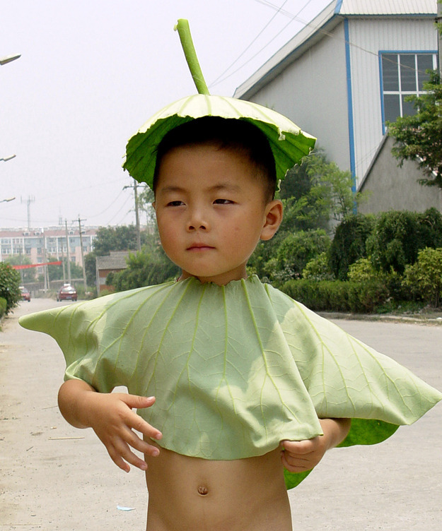 Chinese boy wears lotus leaves to protect against hot weather on a street in Chaohu city.