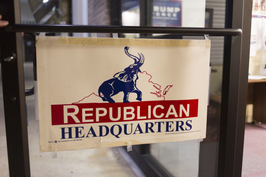 The greeting sign on the front door of the Republican Victory Center.