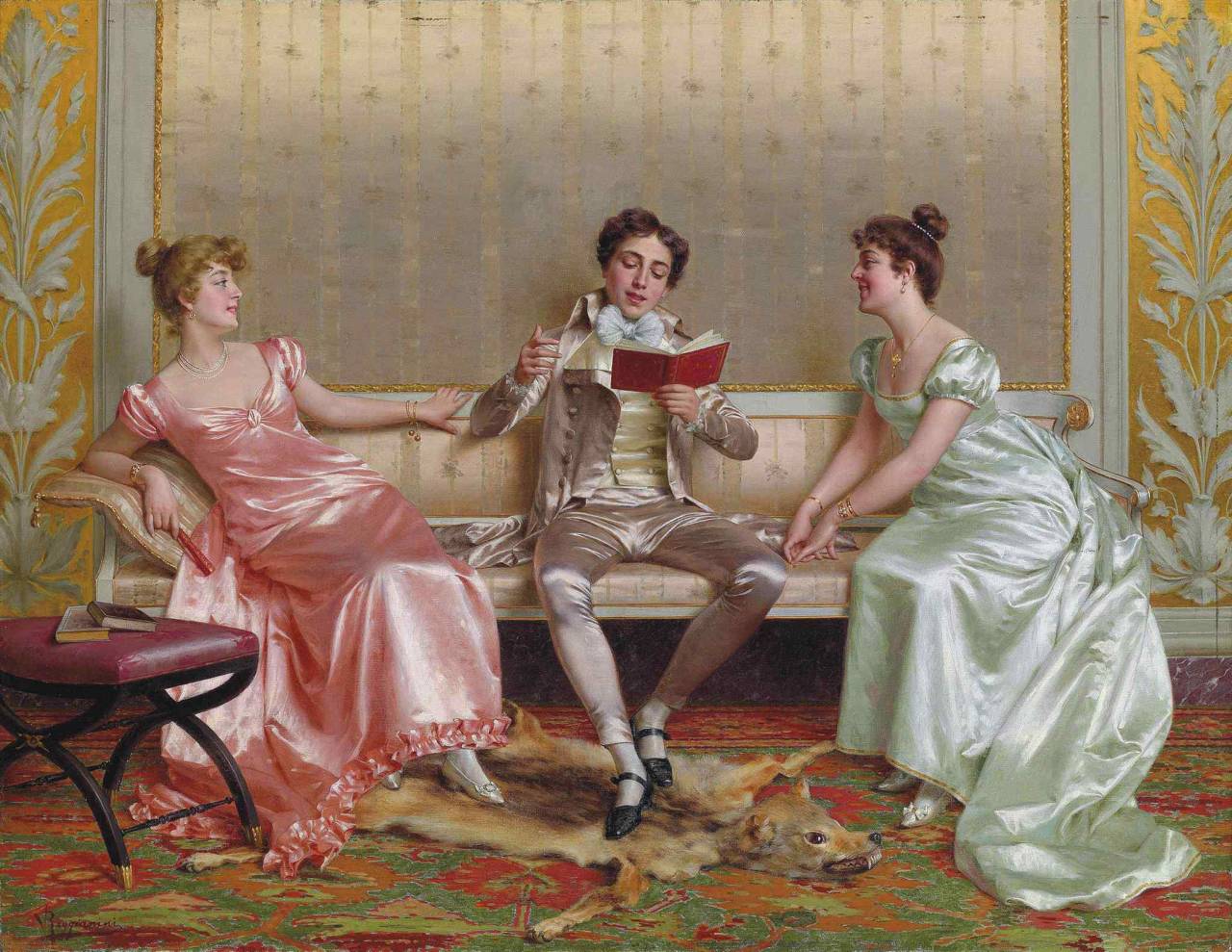 The Reading. Vittorio Reggianini (Italian, 1858-1939). Oil on canvas.
The wide and lasting appeal of Reggianini’s compositions comes from his sharp eye for detail, combined with subtle romantic narratives, to create lively, often humorous and...