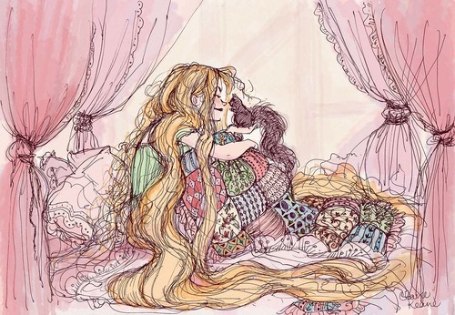 tangledart:
“Concept art, a rough detailed sketch in colour, depicting Rapunzel waking up in her bed, by Claire Keane
”