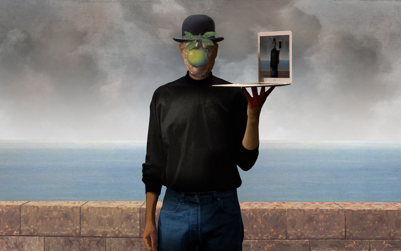 Hello, I made a version of the paint The Son of Man by Rene Magritte. It is Steve Jobs with a MacBook Air. I like the result an would like to share it with the rest of the world… I hope you like it!